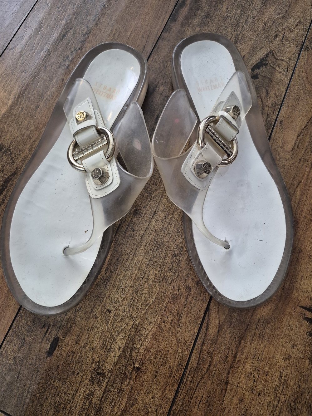 Stuart Weitzman White Clear Jelly Thong Sandals with Gold Hardware